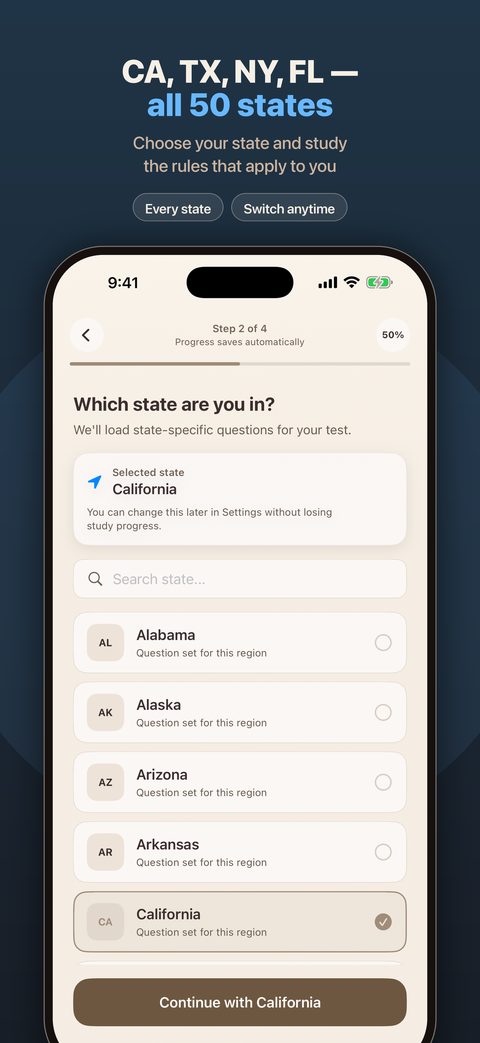 State picker covering all 50 states and Washington, D.C.