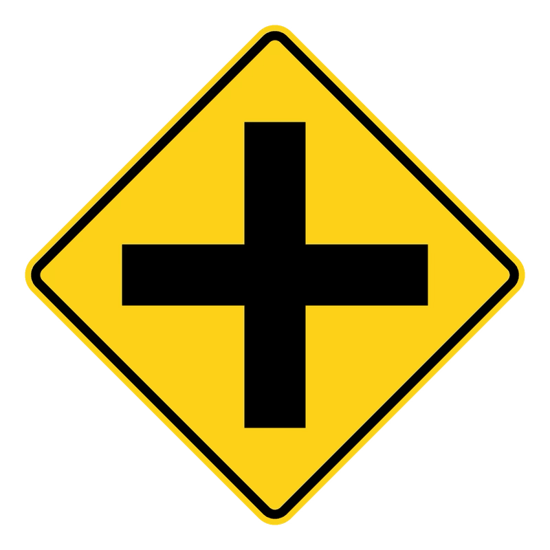Crossroad Ahead Sign road sign — Yellow diamond with a black plus-shaped crossroad symbol