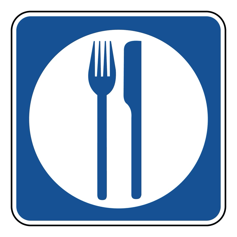 Food Services Sign road sign — Blue square with a white fork-and-knife symbol