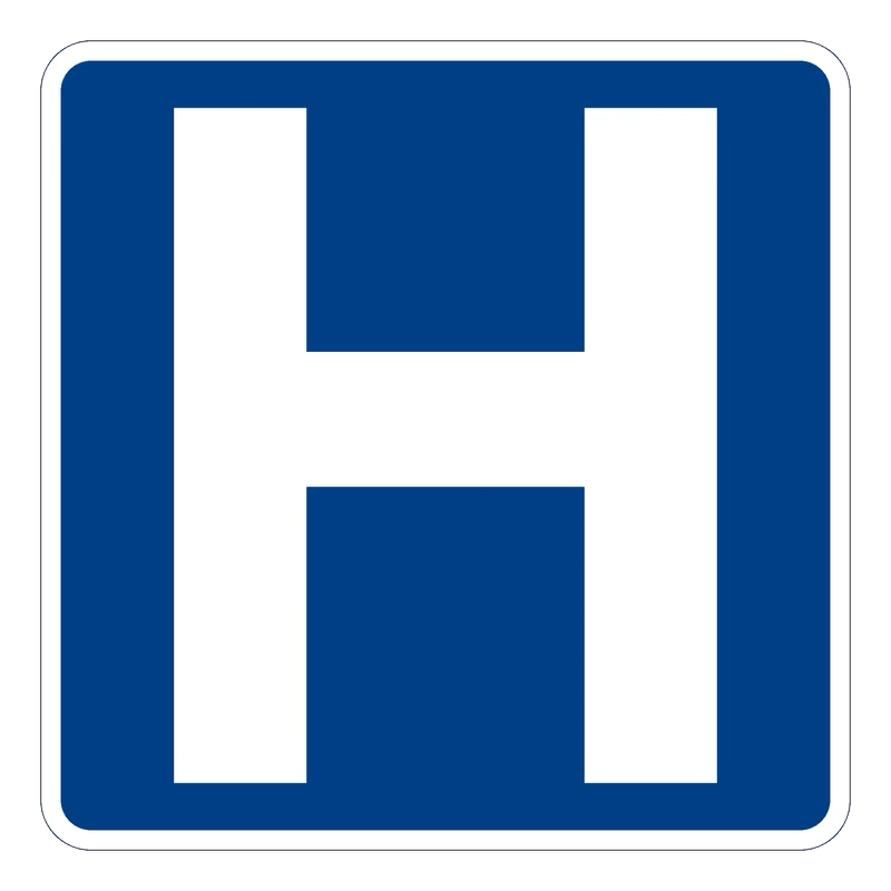 Hospital Sign road sign — Blue square with a white H symbol