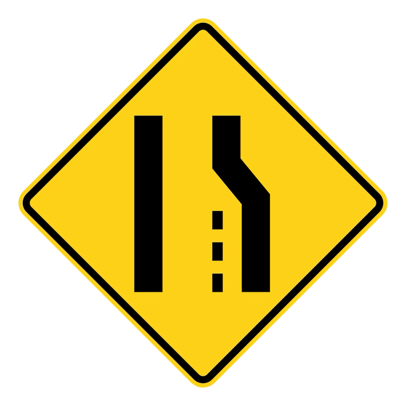 Right Lane Ends Sign road sign — Yellow diamond showing the right lane ending and merging left