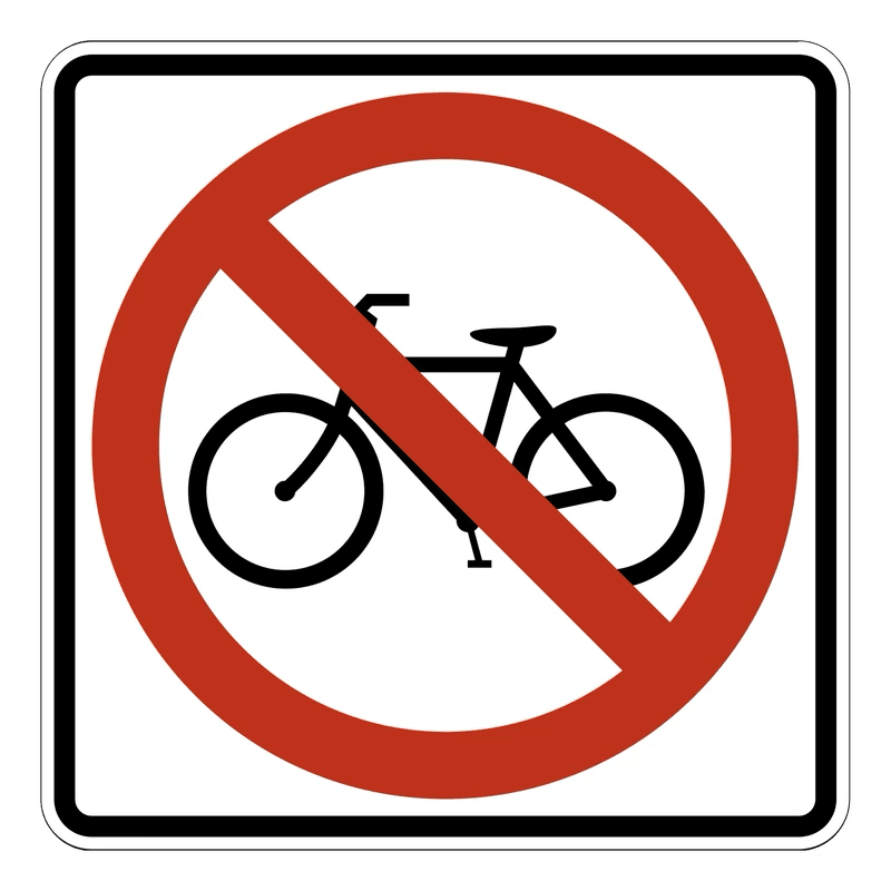 No Bicycles Sign road sign — White square with a bicycle symbol crossed by a red circle and slash