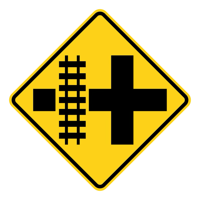 Railroad Intersection Left Sign road sign — Railroad crossing at intersection to the left