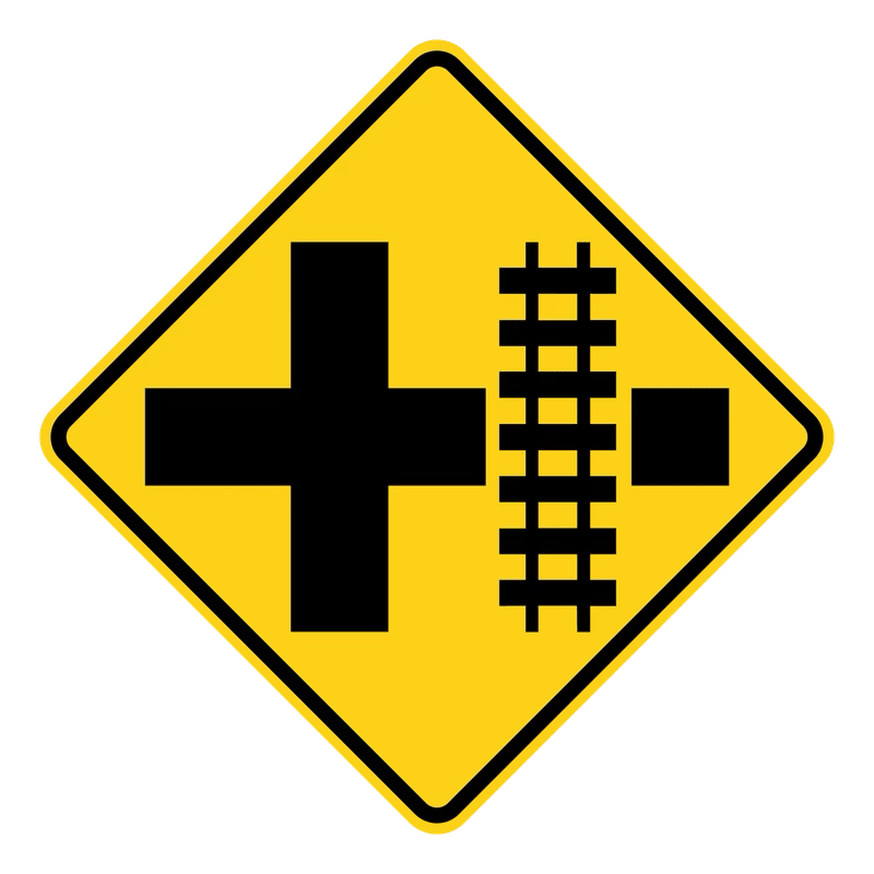 Railroad Intersection Right Sign road sign — Railroad crossing at intersection to the right