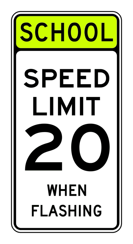 School Speed Limit When Flashing Sign road sign — White sign with SCHOOL header reading SPEED LIMIT 20 WHEN FLASHING