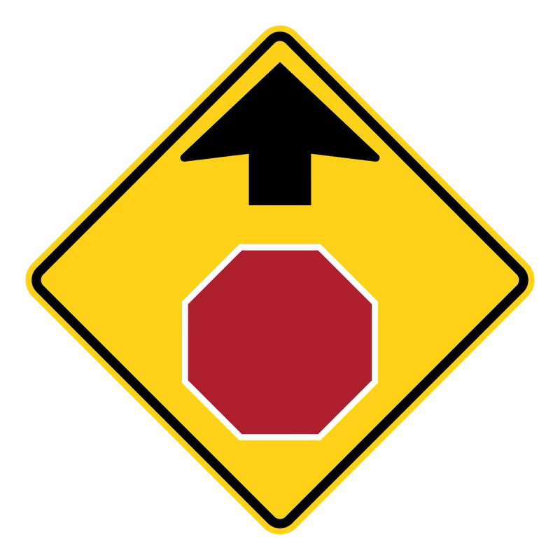 Stop Ahead Sign road sign — Yellow diamond showing a red octagon below an arrow