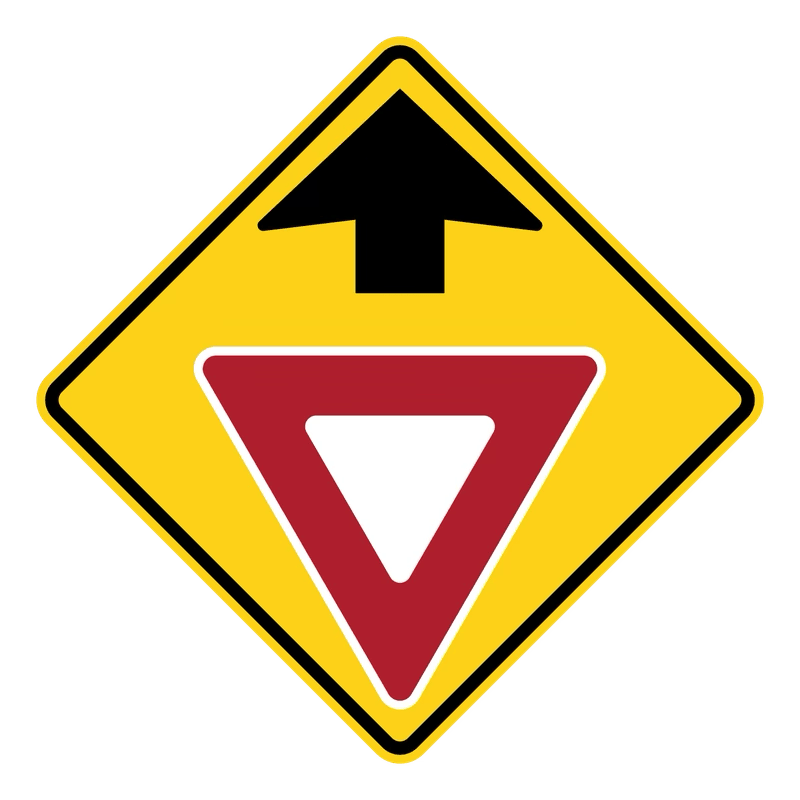 Yield Ahead Sign road sign — Yellow diamond showing a red and white yield triangle below an arrow